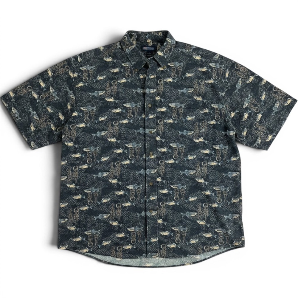 Fishermancore Mens 2XL Fish Print Cotton Short Sleeve Button Down Shirt - Picture 1 of 10